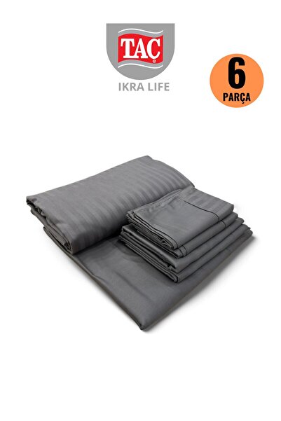 Taç Premium Basic Stripe Anthracite Satin Double Duvet Cover Set