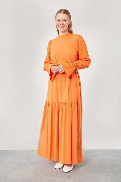 Levidor Oranj Belden Kusaklı Uzun Elbise