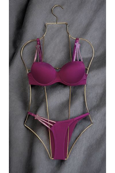 Bellarue Star 3-Piece Stone Detailed Padded Women's Purple Underwear Set Bra Set