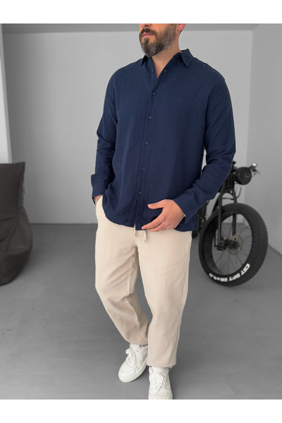 BYBASICMAN Πουκάμισο από ύφασμα μουσελίνας με κέντημα Navy Blue YP-4007