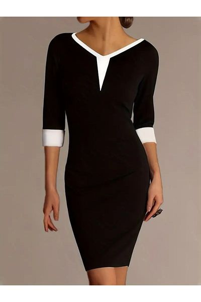 Masspera Women's Three Quarter Sleeve V Neck Color Block Short Crepe Dress