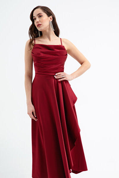 Lafaba Women's Burgundy Flounce Slit Satin Midi Length Evening Dress & Graduation Dress