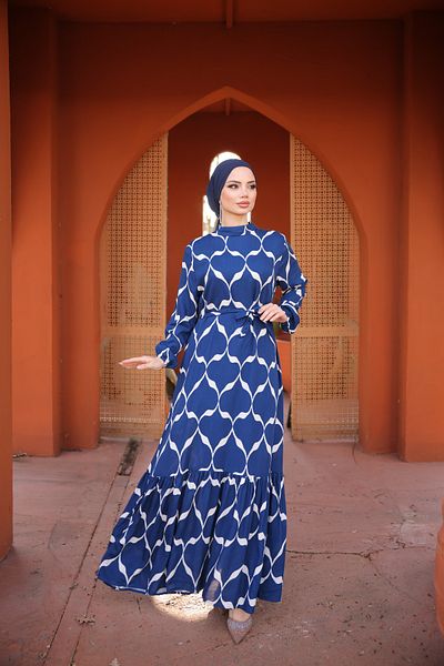 Zaure Women's Hijab Patterned Belted Viscose Dress