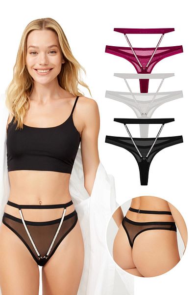 Cottonhill Tulle High Waist Stone Detailed Women's Thong Panties 3 Pack-2