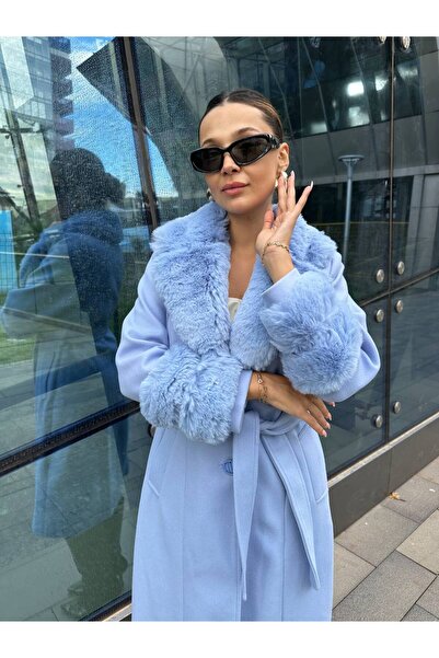 Leylakco Mia Kol Yaka Kürk Detaylı Kaşe Kaban