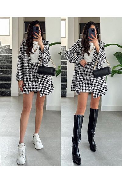 Kokosh moda Women's Houndstooth Pattern Wadded Detail Coat and High Waist Skirt Double Set