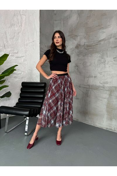 Elif Özbey Butik Fusta din tul cu model în carouri burgundy