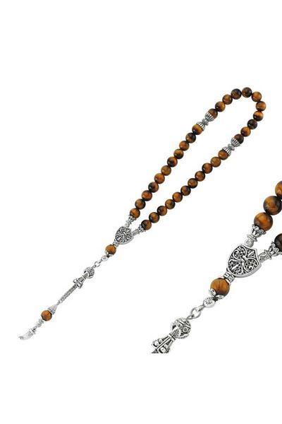ECOME Natural Stone Metal Tasseled Tiger Eye Stone Prayer Beads