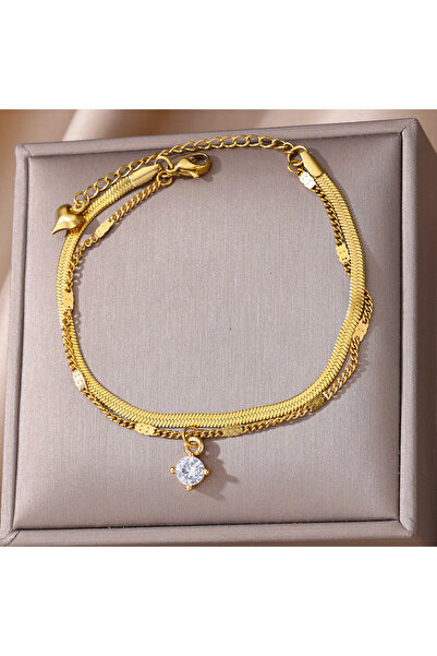 Choice HJ372G خلخال من خرز الزركون الدائري للنساء باللون الذهبي خلخال من الفولاذ المقاوم للصدأ بسلسلة ثعبان مزدوجة