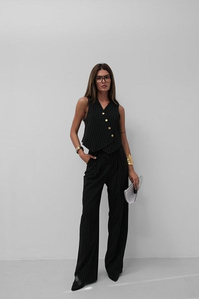 Kokosh moda Dvr Cosmetic V-Neck Striped Double Breasted Vest