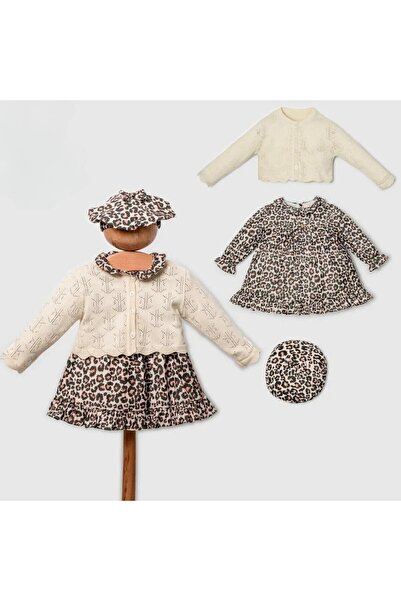 Butik Fukukumbaby Hırkalı Leopar Desenli Kız Bebek Elbise Bej