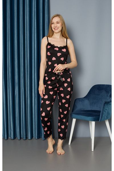 ESM Noche 100% Cotton Heart Pattern Women's Rope Strap Collar and Leg Lace Heart Printed Pajama Set