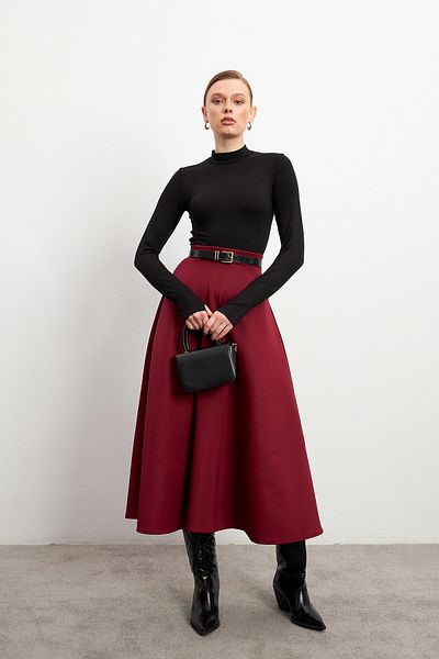 Bipantolon Women's Burgundy Shiny Puff Scuba Flared Skirt