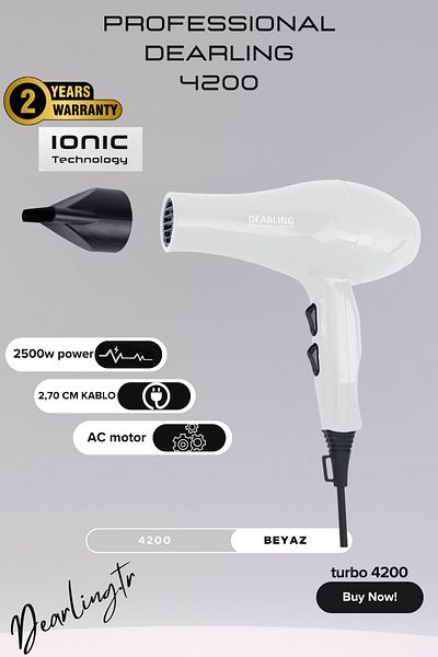 Dearling 2500W Professional Ionic Blow Dryer - 2 Heat & Speed Settings - 2 Year Warranty - White Elegance