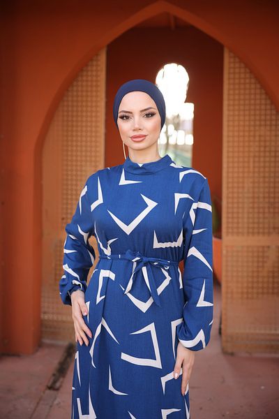 Zaure Women's Hijab Patterned Belted Viscose Dress