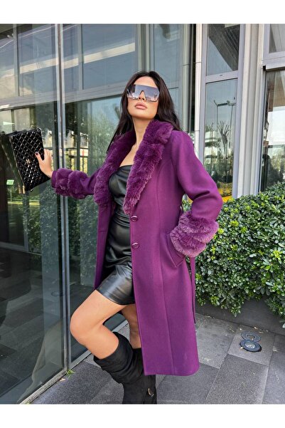 Leylakco Mia Kol Yaka Kürk Detaylı Kaşe Kaban