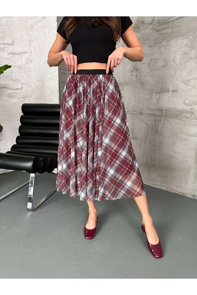 Elif Özbey Butik Fusta din tul cu model în carouri burgundy