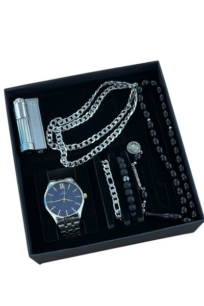 ESNASTORE Çelik Erkek Saat Tesbih Kolye Bileklik Çakmak Seti