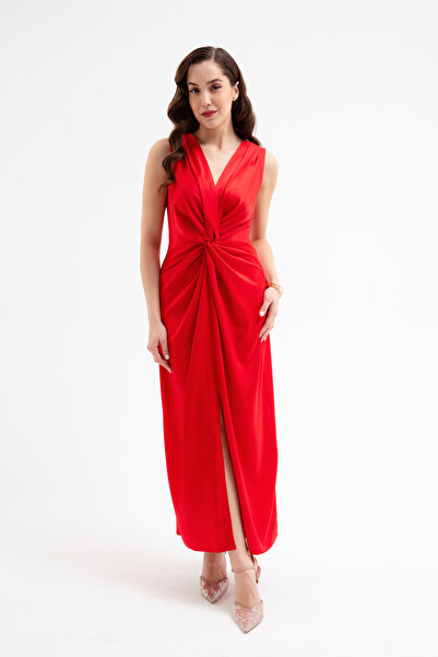 Lafaba Γυναικείο φόρεμα μίντι σατέν με λεπτομέρεια με κόκκινο κόμπο