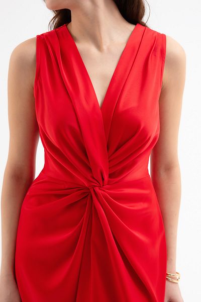 Lafaba Women's Red Knot Detailed Midi Satin Dress