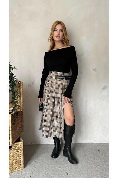 Angel Mia Model detaliat de curea în carouri Camel