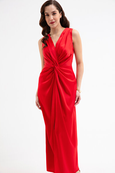 Lafaba Γυναικείο φόρεμα μίντι σατέν με λεπτομέρεια με κόκκινο κόμπο