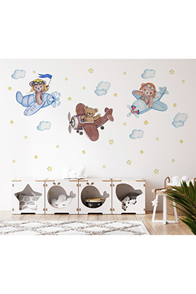 Happy Kid Rooms Pilot Ayılar Uçak Bulut ve Yıldızlar Erkek Çocuk Odası Duvar ...