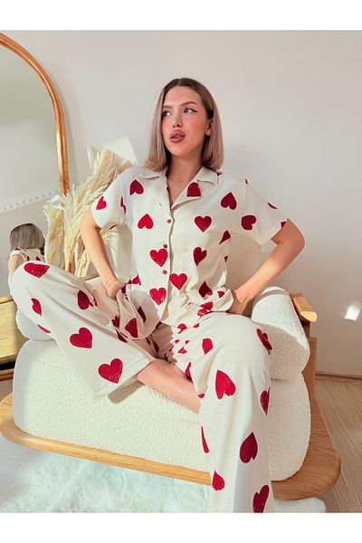Pijamacs Ecru Red Heart Patterned Cotton Short Sleeve Shirt Collar Pajama Set