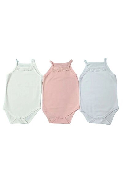 minisoft 123 Kız Bebek İp Askılı 3'lü Çıtçıtlı Badi / Beyaz Ekru Pudra