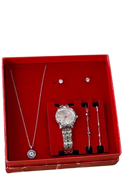 ESNASTORE Gri Metal Kordon Nazar Boncuklu Kadın Saat Seti