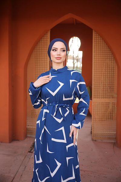 Zaure Women's Hijab Patterned Belted Viscose Dress