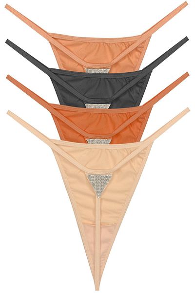 Cottonhill Micro Satin Front and Back Stone Detailed Women's String Panties 4 Pack