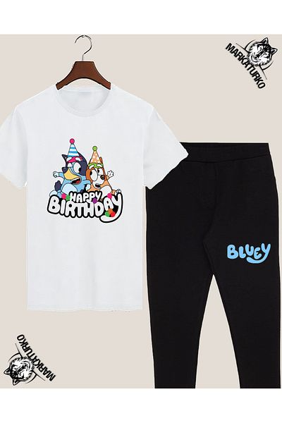 MarkaTurko Happy Birthday Bluey Custom Design Printed Summer White Tshirt-Black Leggings Combination 7520-02