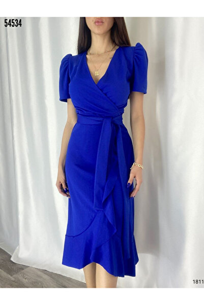 JANES Rochie de damă cu guler dublu cu brâu, lungime midi, din crepon, 120 cm