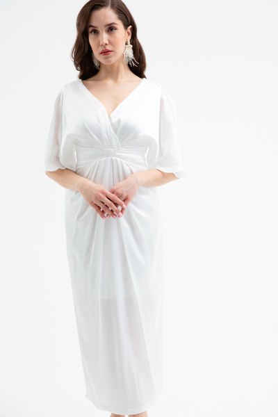 Lafaba Γυναικείο Μίντι Φόρεμα με λευκό λαιμόκοψη V με μανίκια