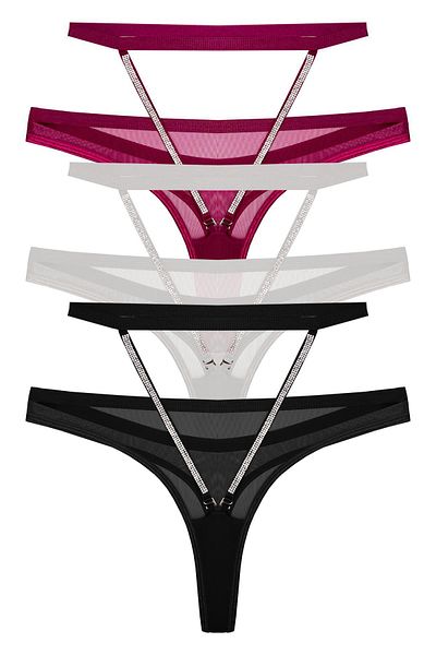 Cottonhill Tulle High Waist Stone Detailed Women's Thong Panties 3 Pack-2