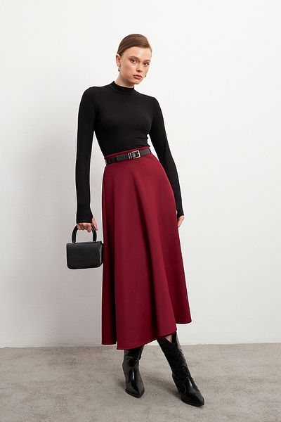 Bipantolon Women's Burgundy Shiny Puff Scuba Flared Skirt