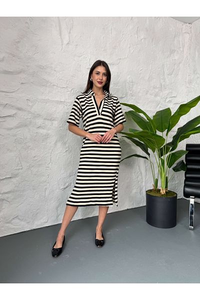 Elif Özbey Butik Rochie neagră cu dungi ecru cu gât polo