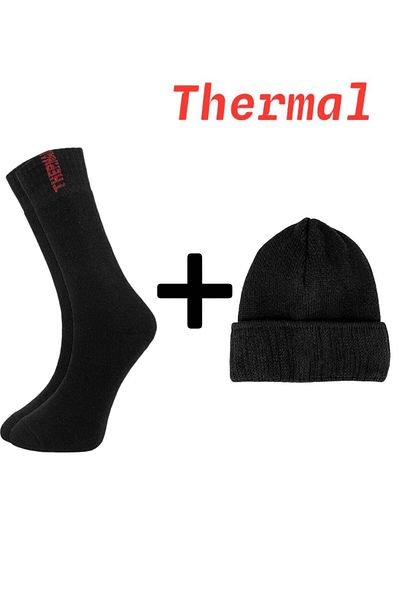 Line Smart Men's Black Color Thermal High Quality Soft Durable Socket Socks Beanie Set