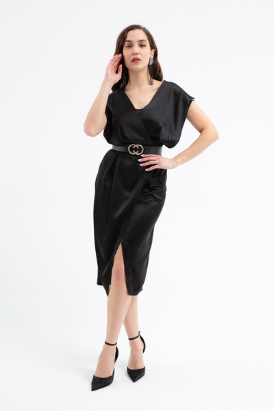 Lafaba Γυναικείο μίντι φόρεμα μαύρο με διπλό γιακά με ζώνη