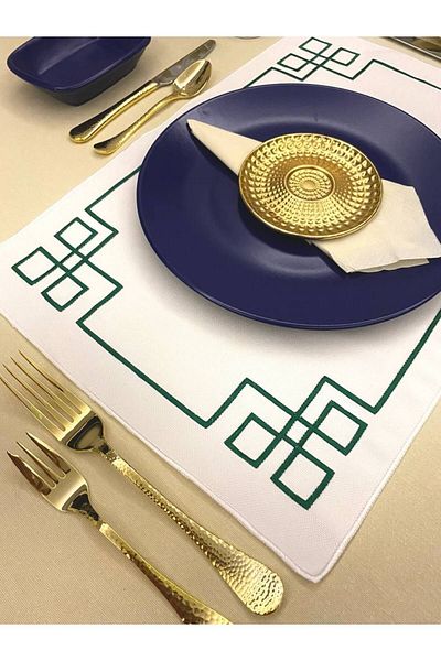 Soft Colours 2 Piece Greek Key Geometric Patterned Decorative Embroidered American Service Set
