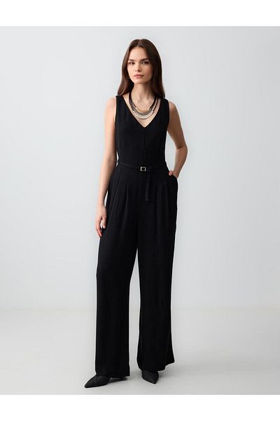 Jimmy Key Black Straight Cut Belt Detailed Sleeveless Woven Linen Jumpsuit