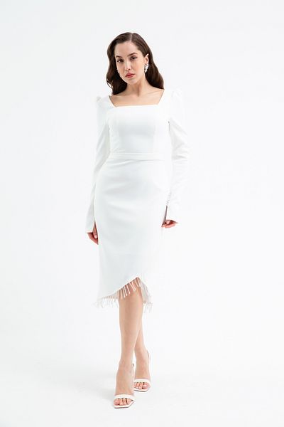 Lafaba Women's White Stone Detailed Long Sleeve Promise Engagement Wedding Evening Dress