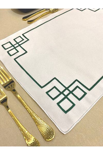 Soft Colours 2 Piece Greek Key Geometric Patterned Decorative Embroidered American Service Set