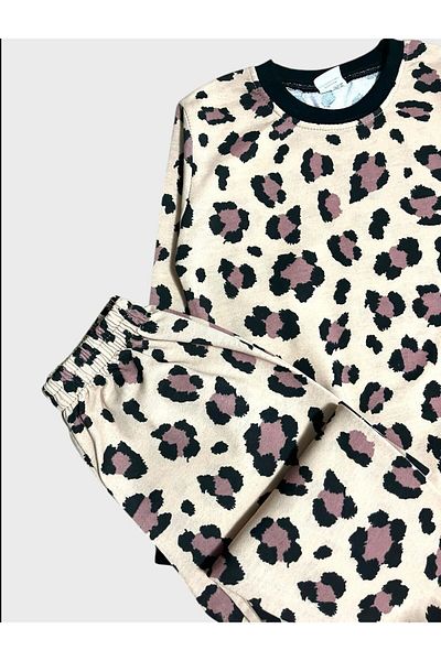 ALİŞ KİDS Girl's Cotton Cream Color Leopard Patterned Long Sleeve Seasonal Pajama Set