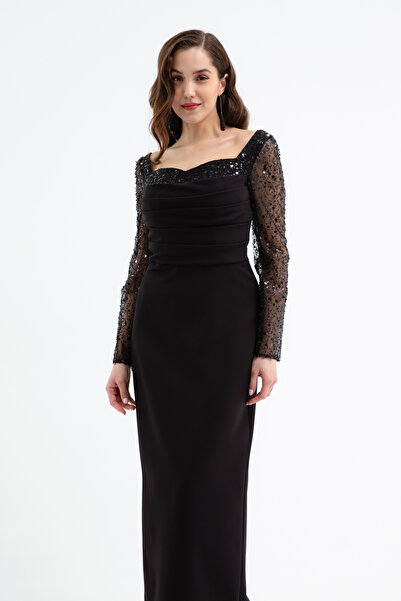 Lafaba Kadın Siyah Kalp Yaka Kolları Payetli Midi Söz Nişan Nikah Abiye Elbise