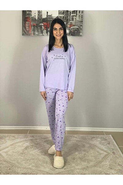 YusGos Women's Cotton Viscon Floral Patterned Pajamas Set (Lilac)