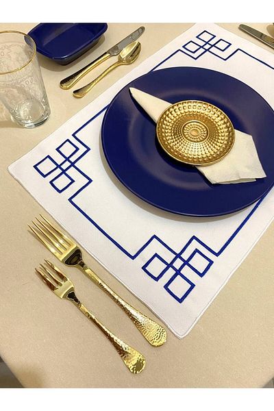 Soft Colours 2 Piece Greek Key Geometric Patterned Decorative Embroidered American Service Set