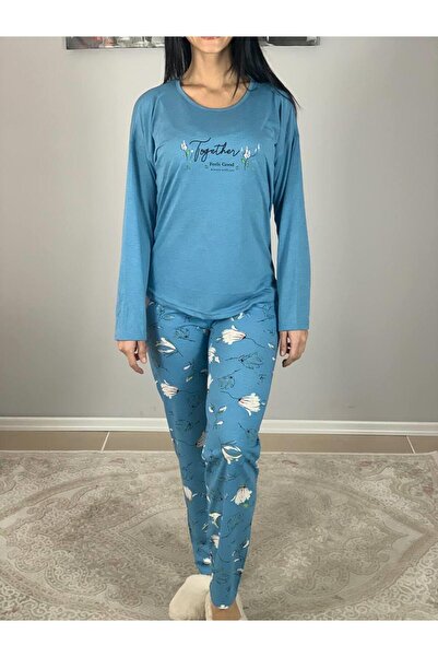 YusGos Women's Cotton Viscon Floral Patterned Pajamas Set (Blue)