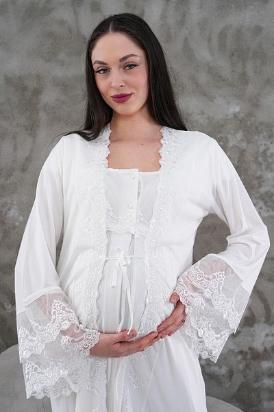 BLACKMORE Women's Ecru Lace Full Length Nightgown-Dressing Gown and Maternity Maternity Pajamas Set of 4